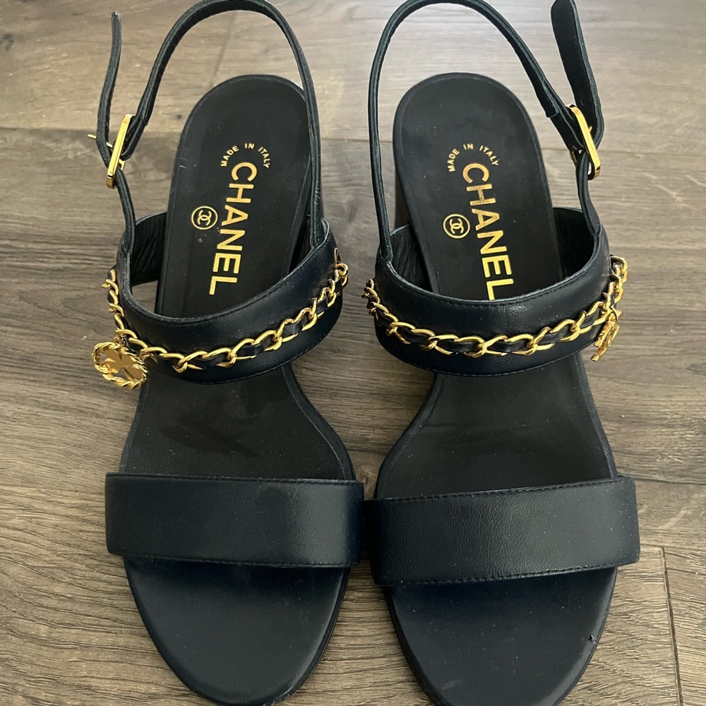 Authentic CHANEL Navy Block Heel Sandals with Gold Chain Detail